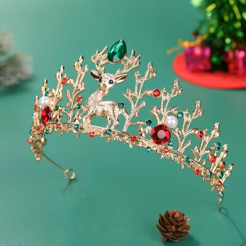 Diadema de corona de reno de Navidad – Tocado de fiesta navideña con pedrería