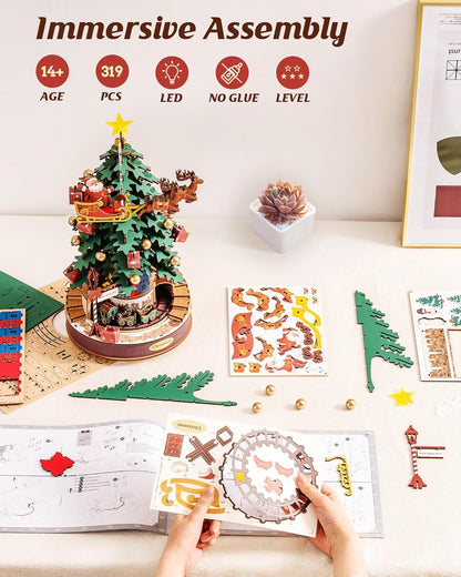 Caixa de Música Árvore de Natal Melodia – Puzzle 3D de Madeira com Luz