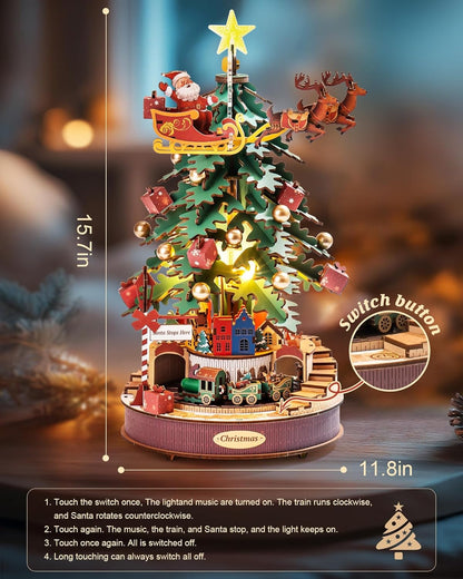 Caixa de Música Árvore de Natal Melodia – Puzzle 3D de Madeira com Luz