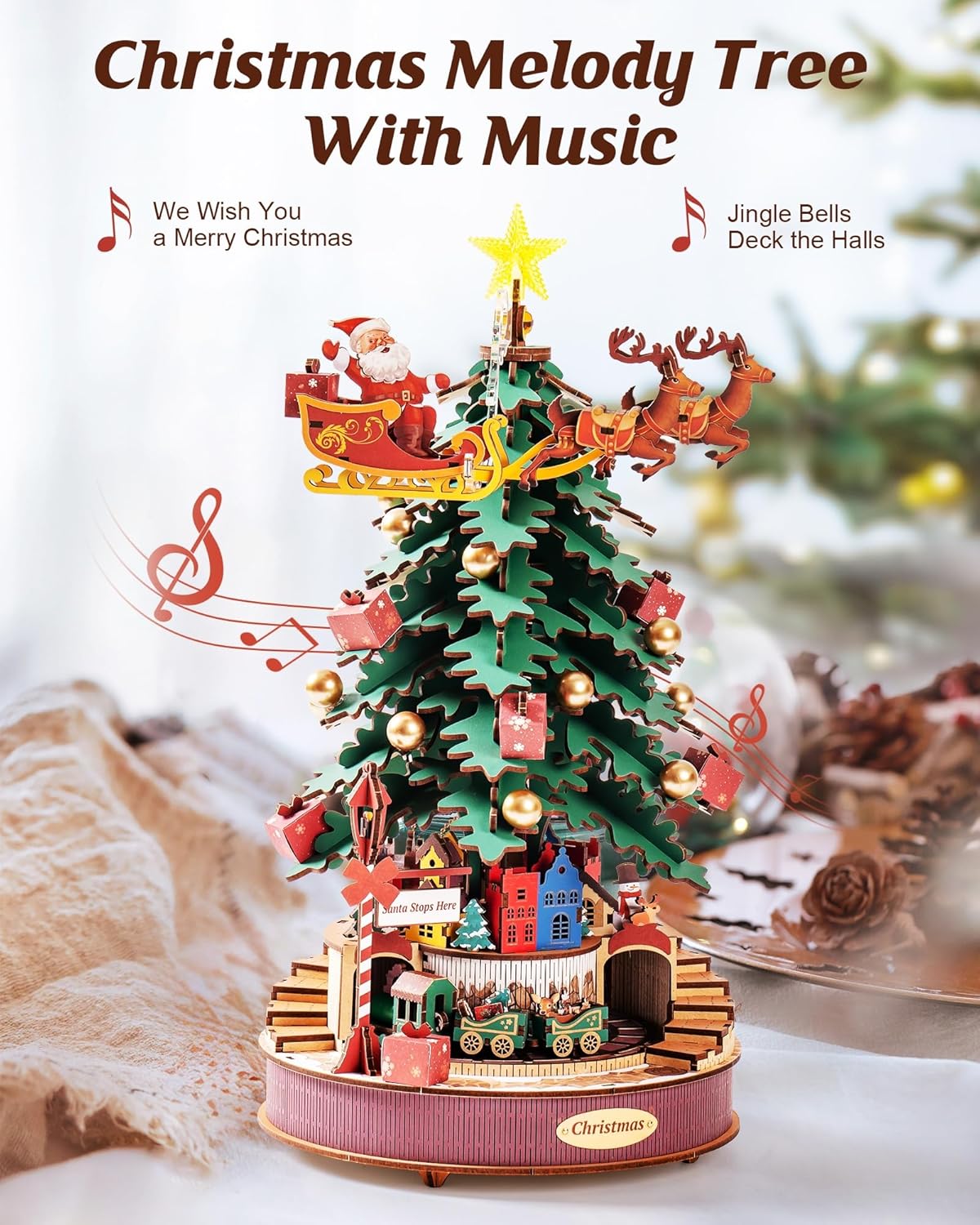 Caixa de Música Árvore de Natal Melodia – Puzzle 3D de Madeira com Luz