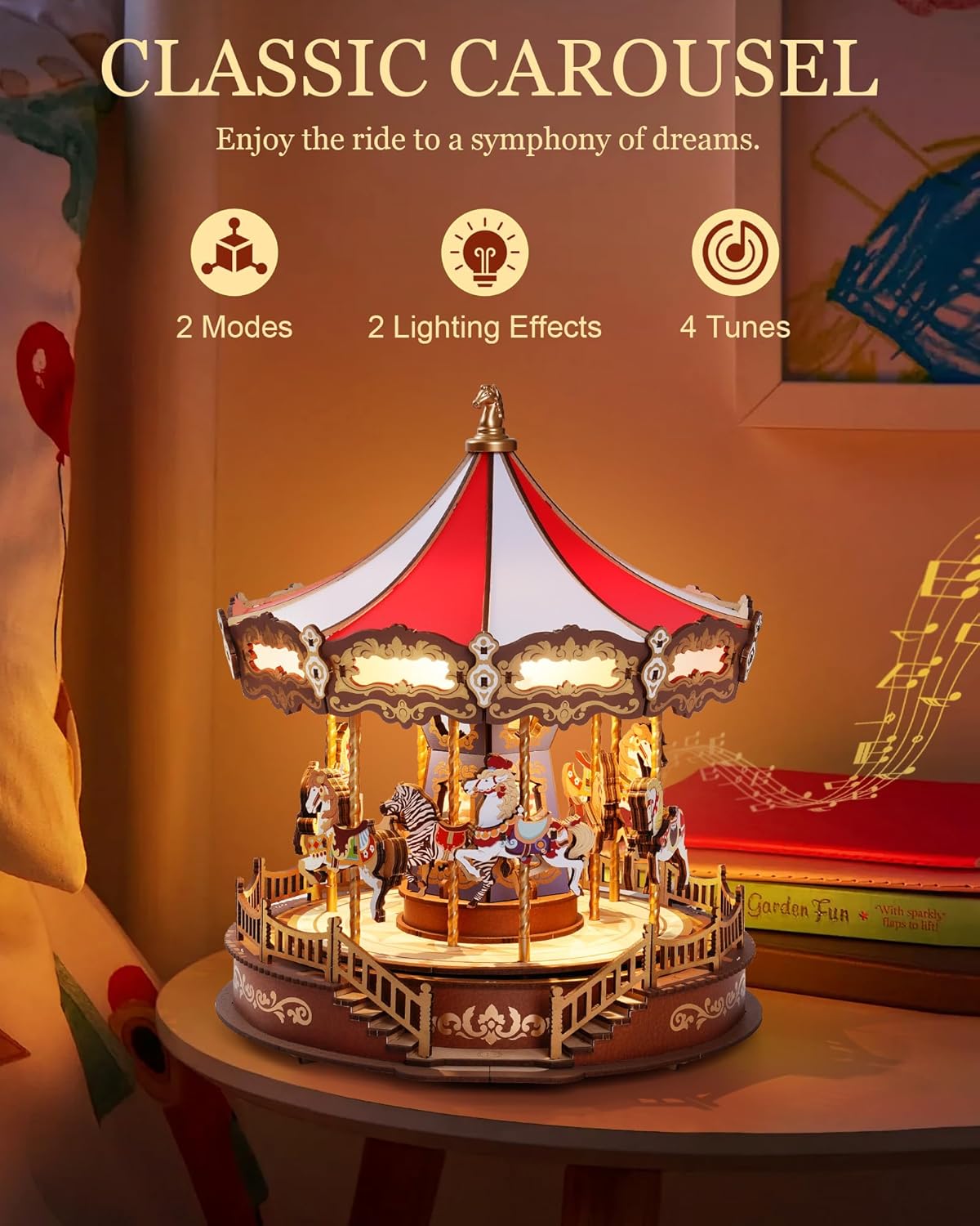 Caixa de Música Carrossel de Madeira – Puzzle 3D DIY com Luzes