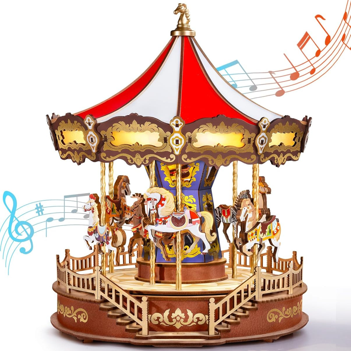 Caixa de Música Carrossel de Madeira – Puzzle 3D DIY com Luzes