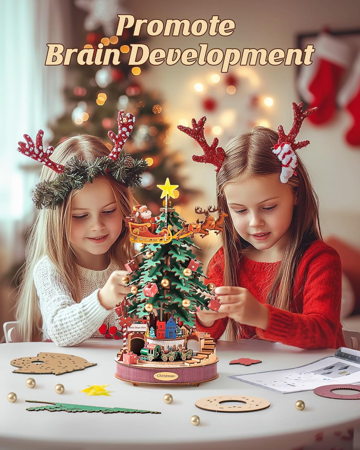 Caixa de Música Árvore de Natal Melodia – Puzzle 3D de Madeira com Luz