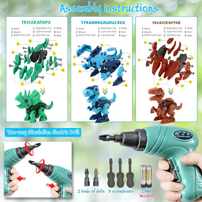 Conjunto de Construção Dinossauro Desmontável – Brinquedo de Construção STEM com Berbequim Elétrico