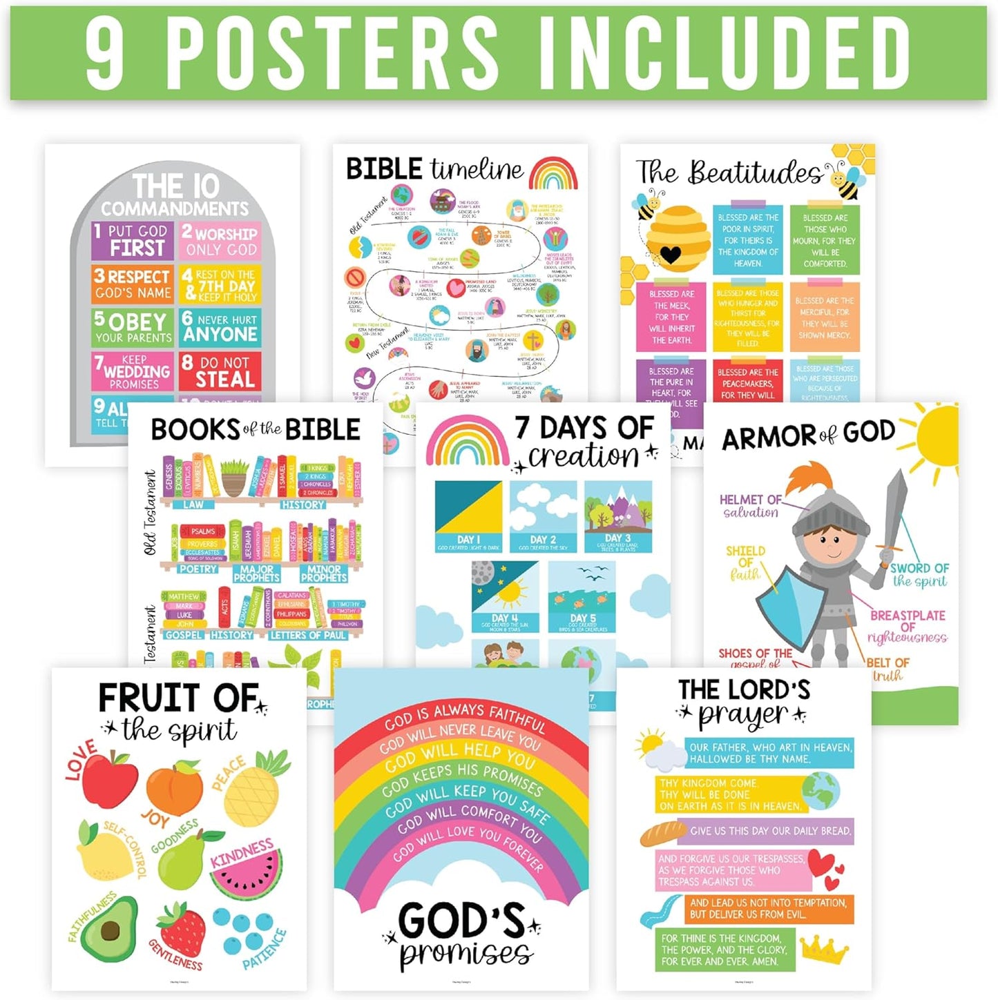 Conjunto de 9 Posters Educativos Cristãos Coloridos