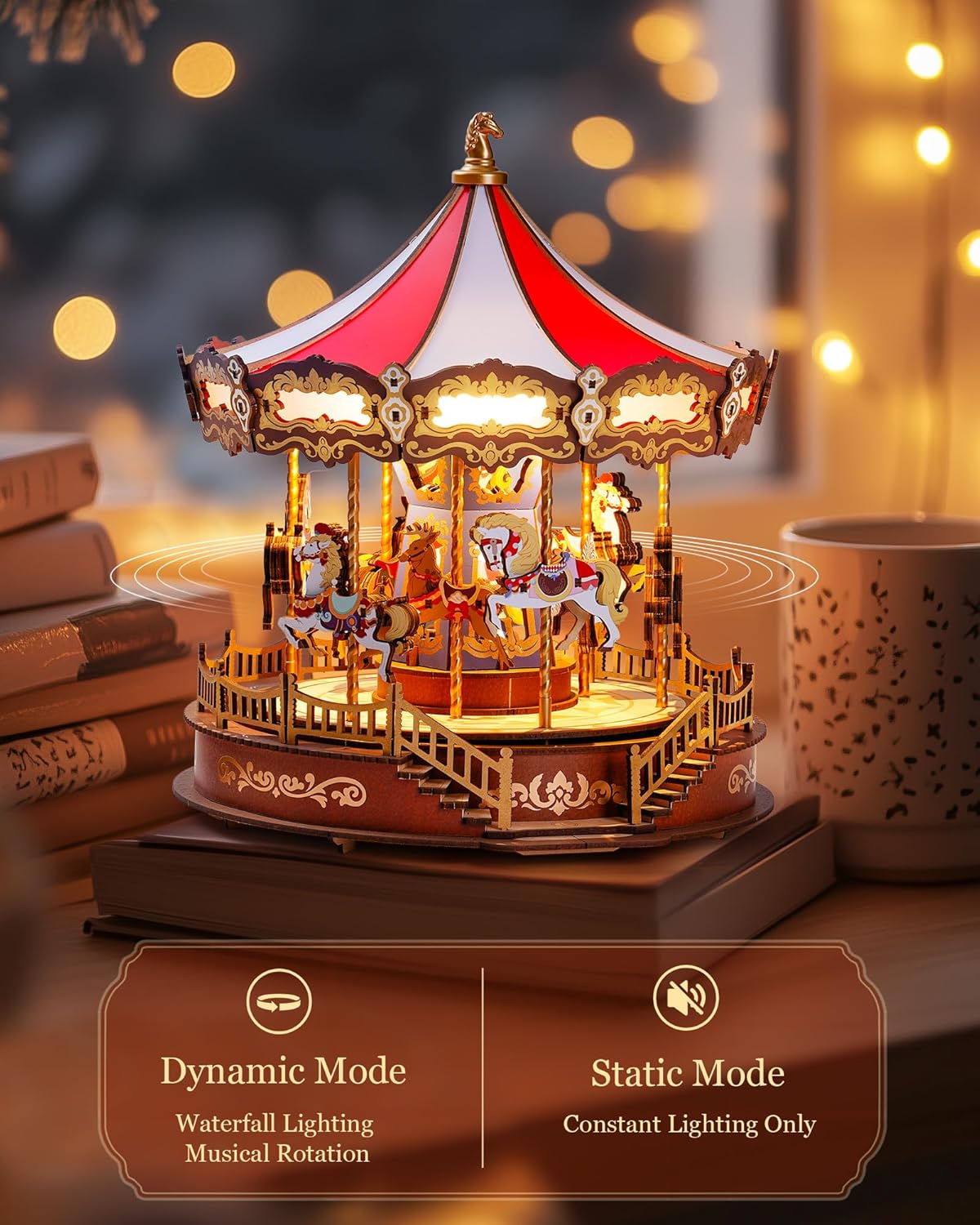 Caixa de Música Carrossel de Madeira – Puzzle 3D DIY com Luzes