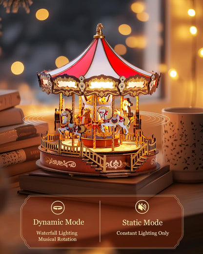 Caixa de Música Carrossel de Madeira – Puzzle 3D DIY com Luzes