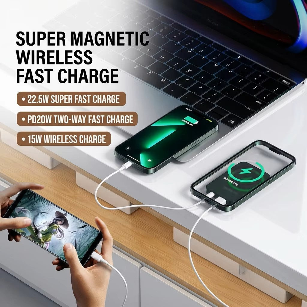 Batería externa magnética inalámbrica de 22,5 W – Cargador portátil ultradelgado de carga rápida – Batería externa compacta para viajes para iPhone, Android y Huawei