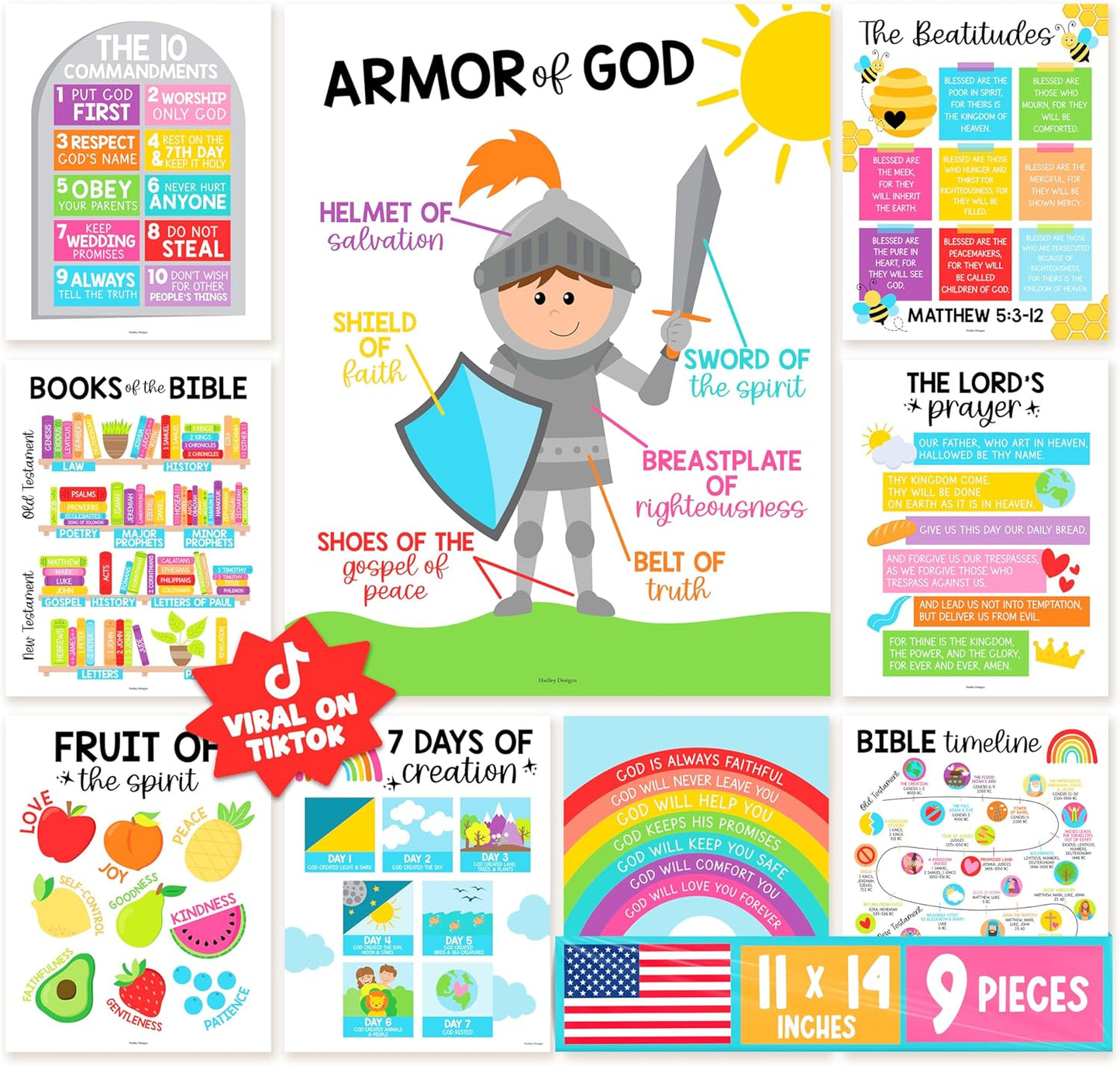 Conjunto de 9 Posters Educativos Cristãos Coloridos