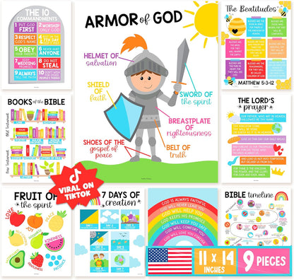 Conjunto de 9 Posters Educativos Cristãos Coloridos
