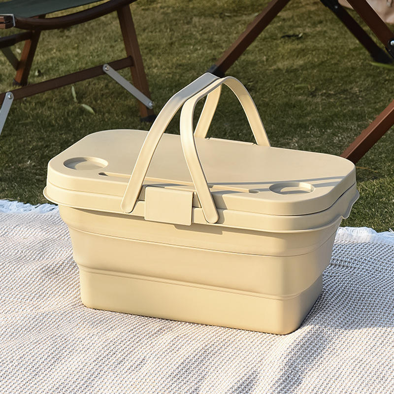 Cesto de Piquenique Dobrável com Tampa de Tábua de Cortar – Mesa de Campismo Dobrável Multifuncional, Lava-louças e Recipiente para Armazenamento de Alimentos