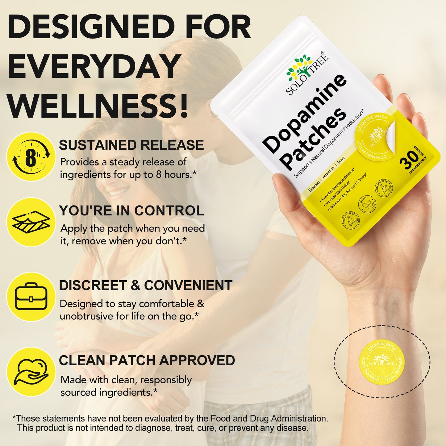 Solotree Dopamine Transdermal Patches – Natural Focus & Mood Support Patches for Cognitive Clarity & Motivation