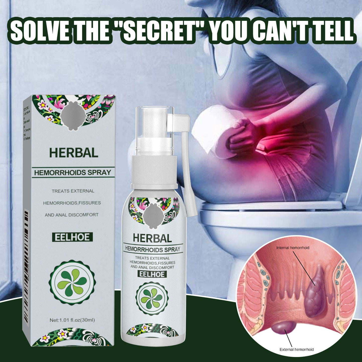 Spray de Alívio Natural de Hemorroidas à Base de Plantas Spray Corporal Calmante para Cuidados Anais para Dor e Inchaço