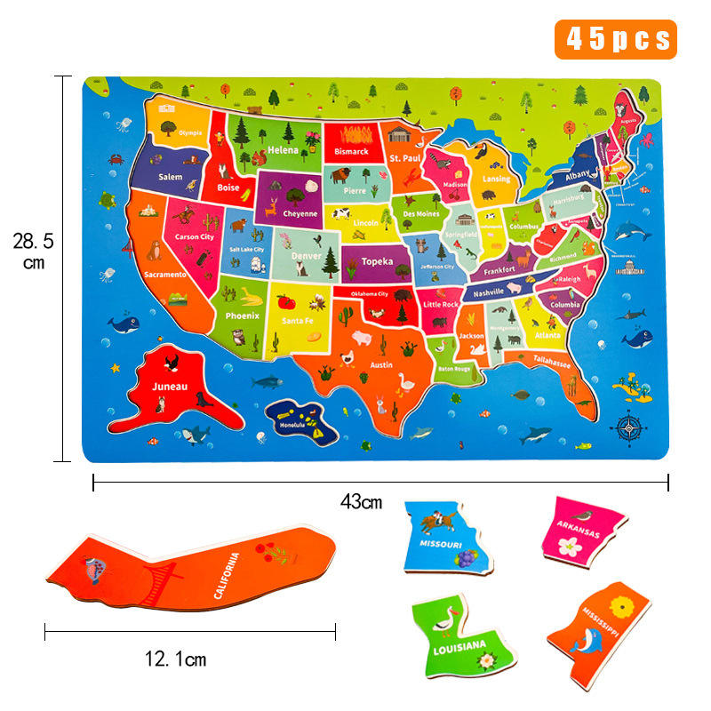 Rompecabezas de madera de mapa de EE. UU. para niños – Juguete de geografía educativo para aprender el mapa para niños y niñas