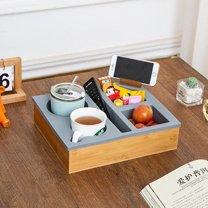 Tabuleiro para Sofá em Madeira e Silicone Macio Organizador para Aperitivos Comando Tabuleiro de Mesa de Centro Multifuncional com Suporte para Copos