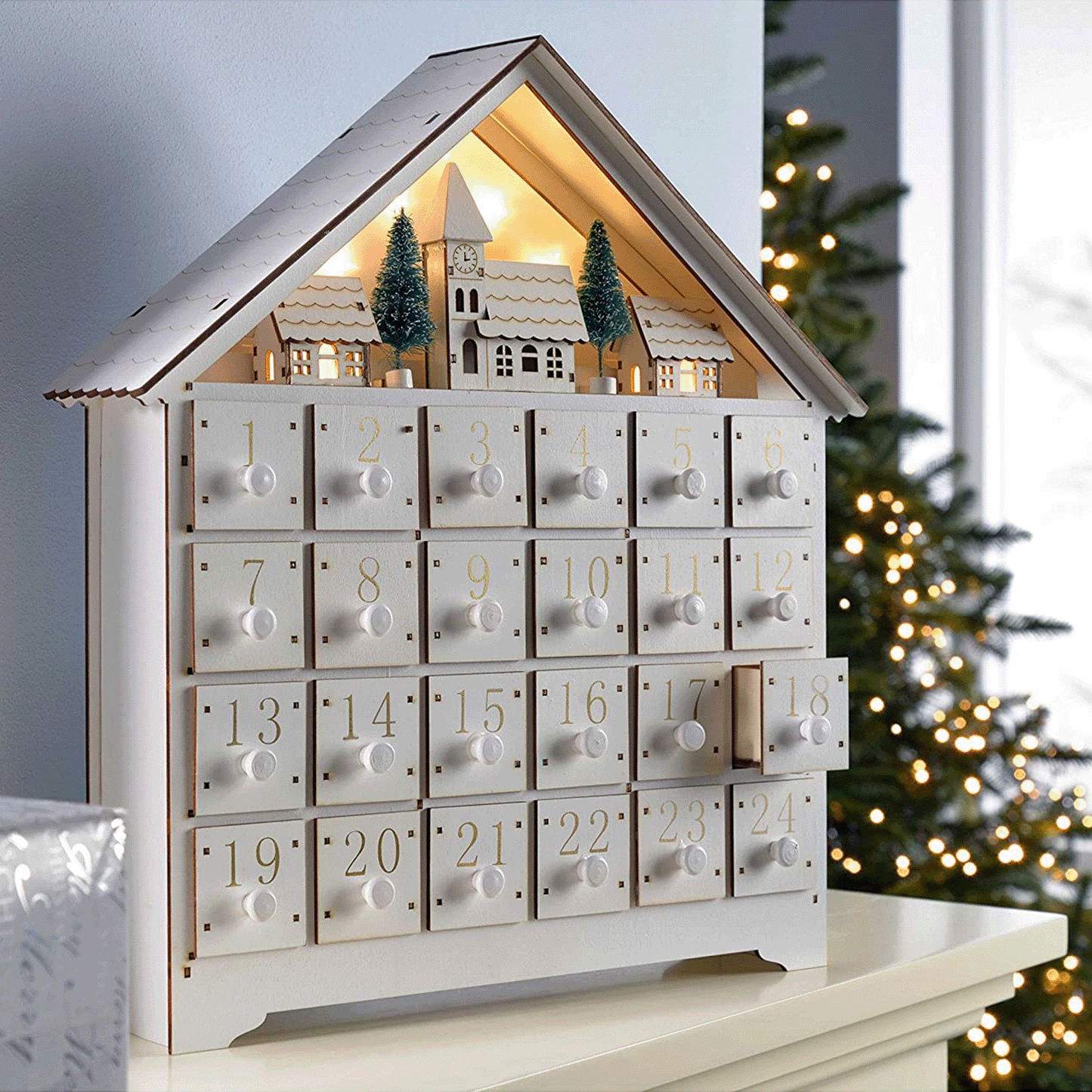 Calendario de Adviento de madera con luces LED – Decoración de cuenta regresiva navideña de 24 días