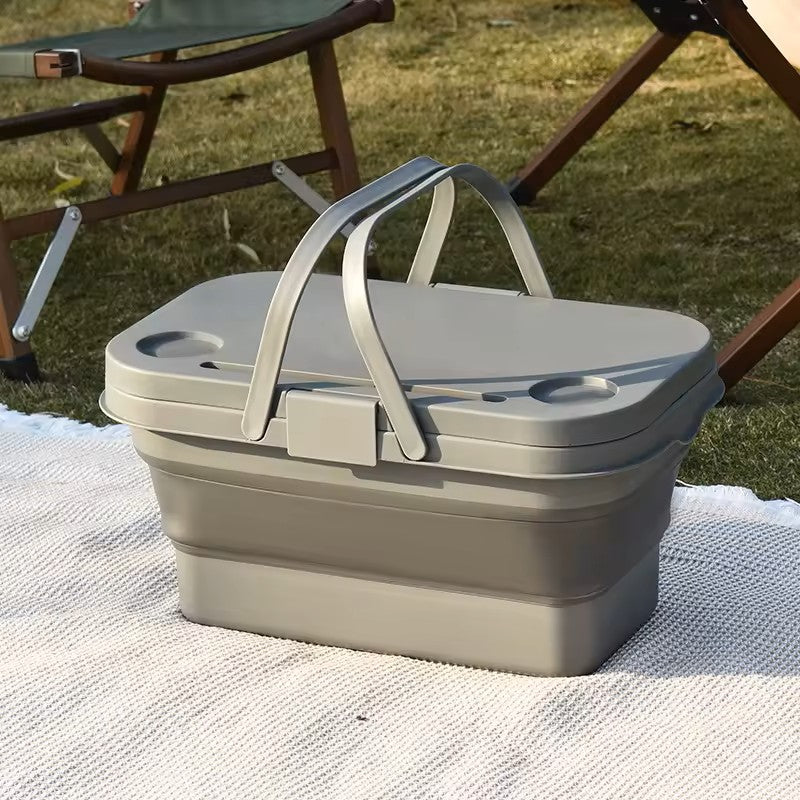 Cesto de Piquenique Dobrável com Tampa de Tábua de Cortar – Mesa de Campismo Dobrável Multifuncional, Lava-louças e Recipiente para Armazenamento de Alimentos