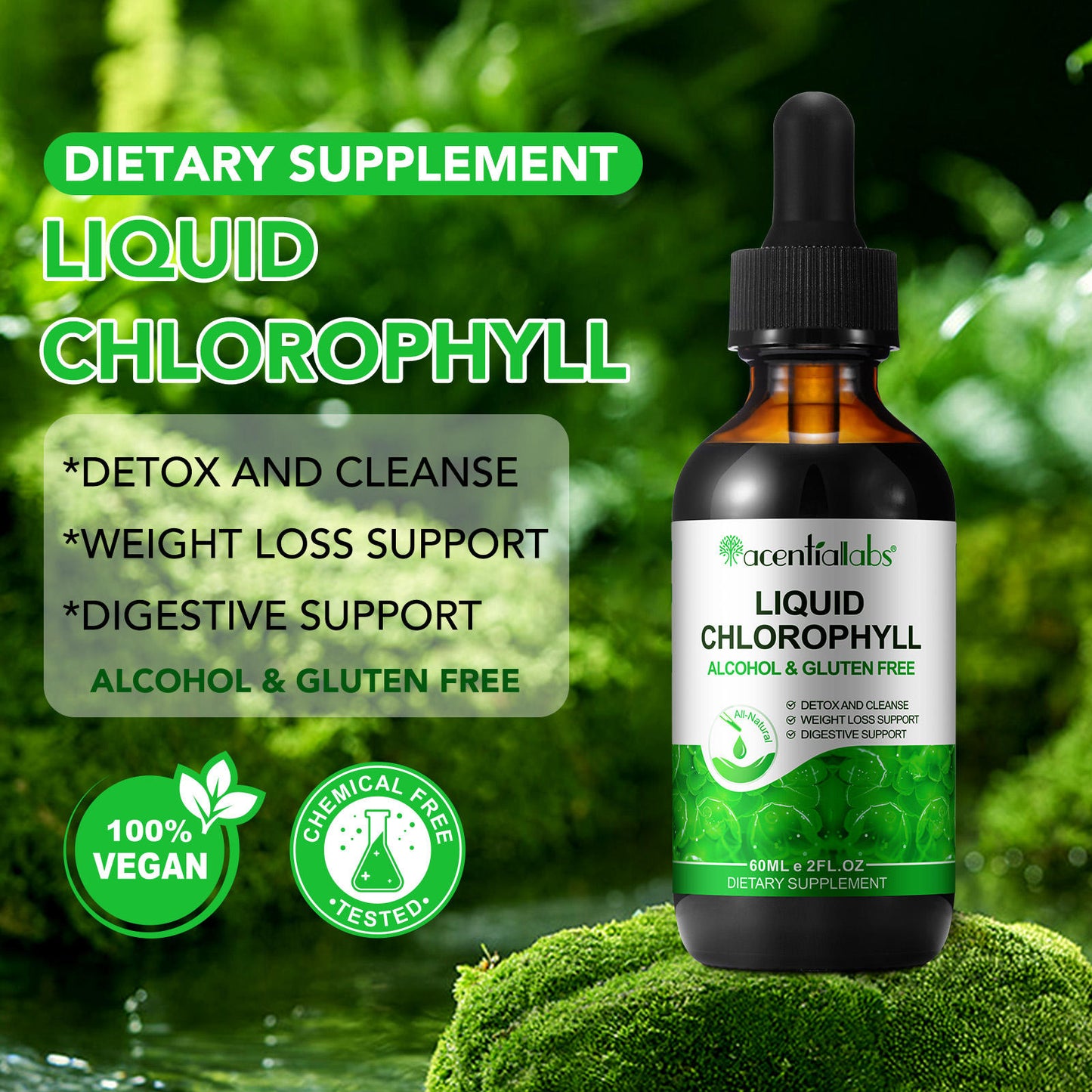 Acentiallabs Original Liquid Chlorophyll Drops – 100% Natural Vegan High Potency – Supports Digestion, Gut Health & Internal Deodorant