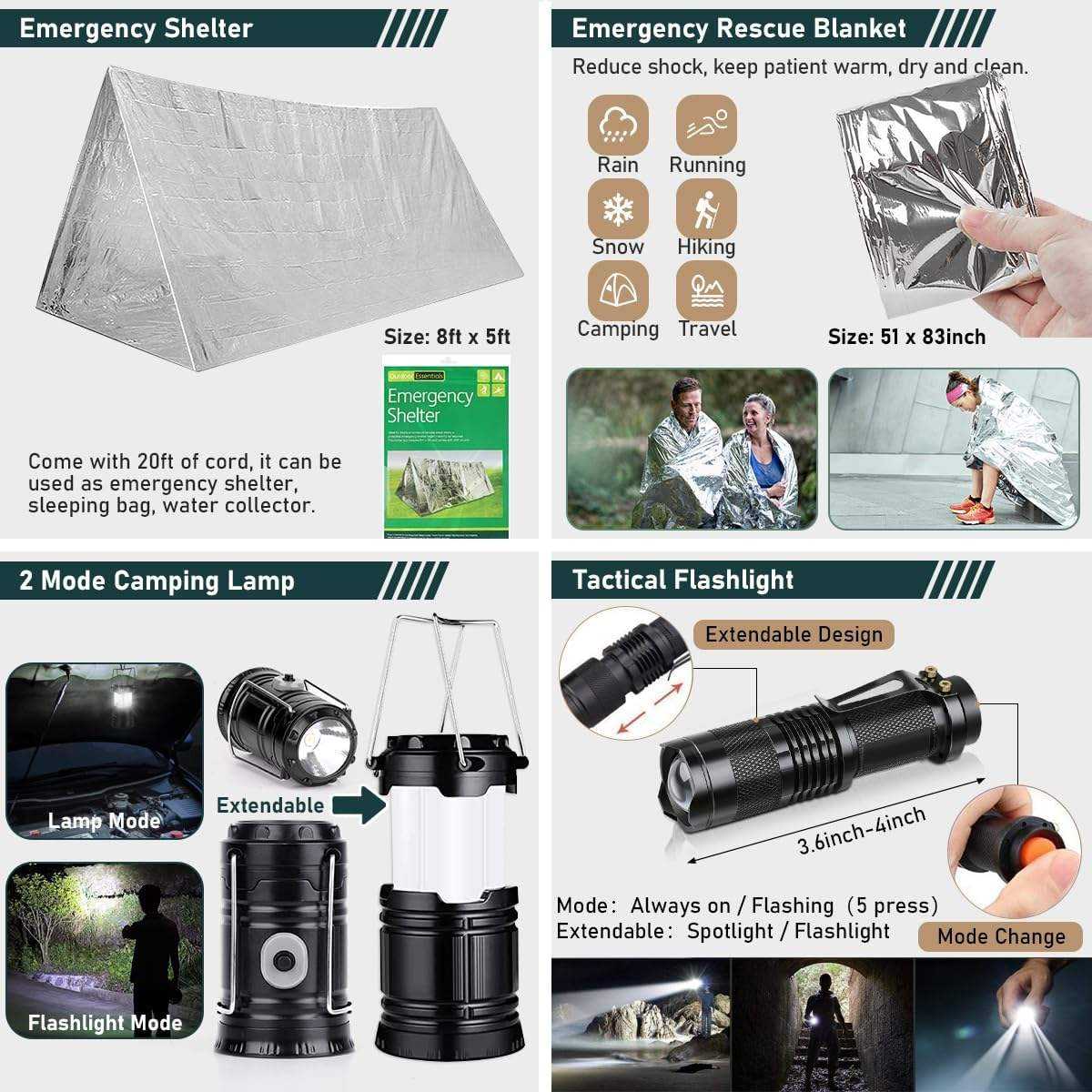 Kit de supervivencia de emergencia de 262 piezas con bolsa de primeros auxilios y bandolera