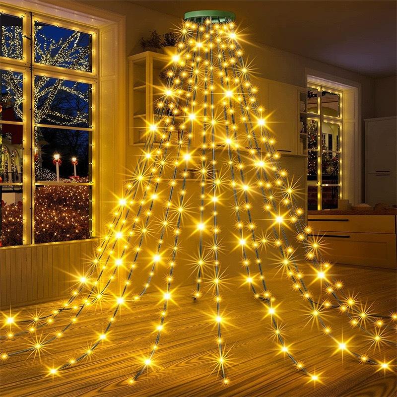 Luz de Topo de Árvore de Natal em Cascata com Anel LED – Luz de Corda em Estrela Fácil de Pendurar com Alimentação USB