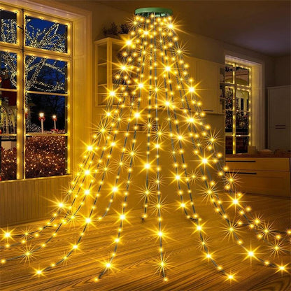 Luz de Topo de Árvore de Natal em Cascata com Anel LED – Luz de Corda em Estrela Fácil de Pendurar com Alimentação USB
