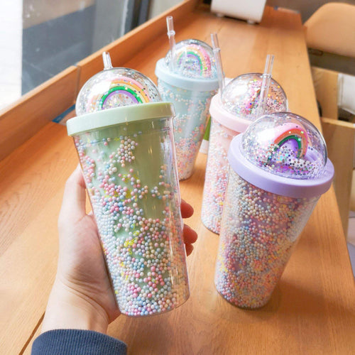 Copo Térmico Rainbow Sparkle – Copo com Canudo e Brilhos de Parede Dupla