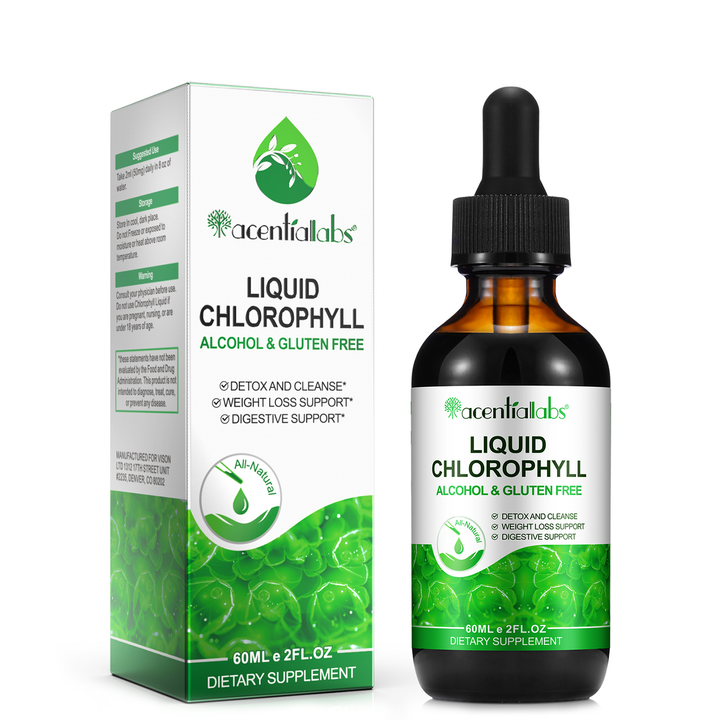 Acentiallabs Original Liquid Chlorophyll Drops – 100% Natural Vegan High Potency – Supports Digestion, Gut Health & Internal Deodorant