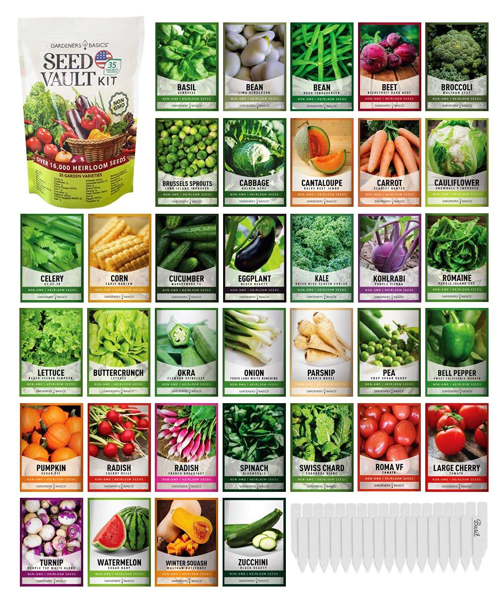 Kit de Sementes de Vegetais para Sobrevivência Gardeners Basics – Mais de 16.000 Sementes Não OGM para Abastecimento de Alimentos de Emergência
