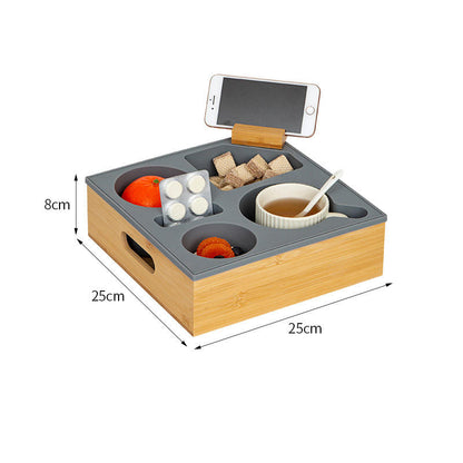Tabuleiro para Sofá em Madeira e Silicone Macio Organizador para Aperitivos Comando Tabuleiro de Mesa de Centro Multifuncional com Suporte para Copos