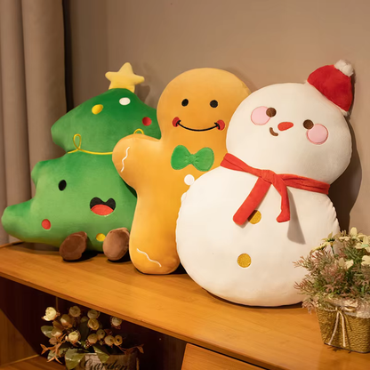 Almohada de peluche navideña – Cojines de jengibre, árbol y muñeco de nieve