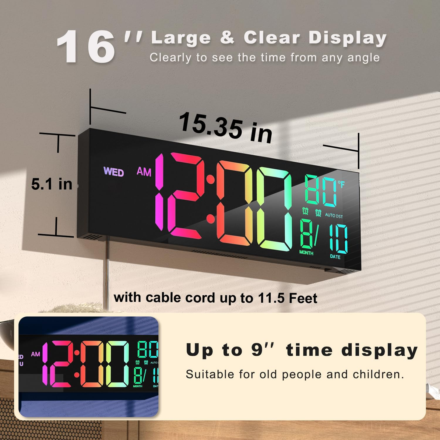 16" Large LED Digital Wall Clock – Remote Control, Temperature & Date Display