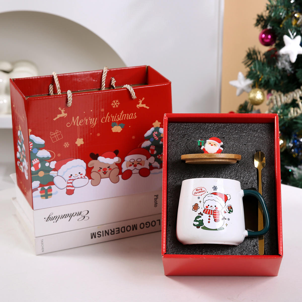 Caneca de Cerâmica de Natal com Tampa e Colher – Copo Festivo para Presente de Férias