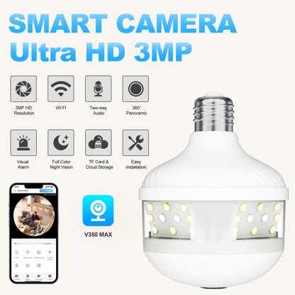 Câmara de Segurança V380 App Smart 360° com Lâmpada e Visão Noturna