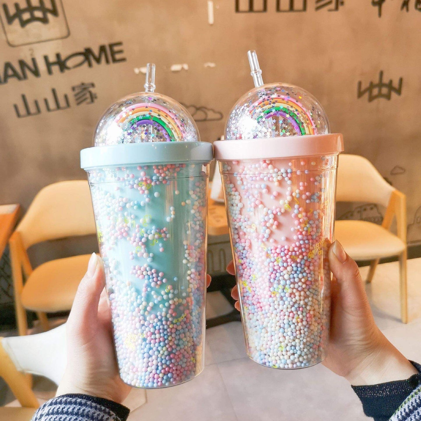 Copo Térmico Rainbow Sparkle – Copo com Canudo e Brilhos de Parede Dupla