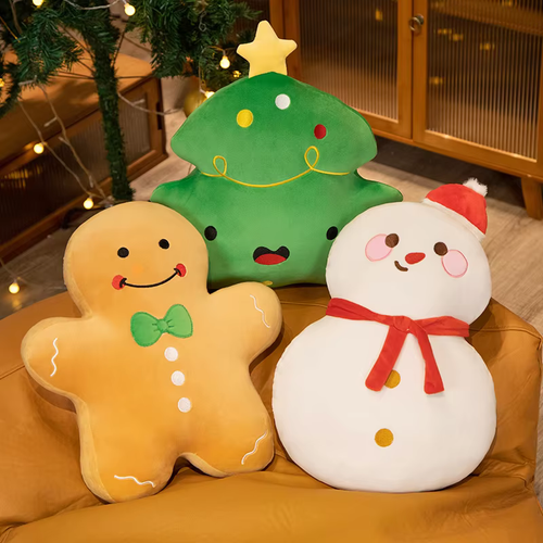 Almohada de peluche navideña – Cojines de jengibre, árbol y muñeco de nieve