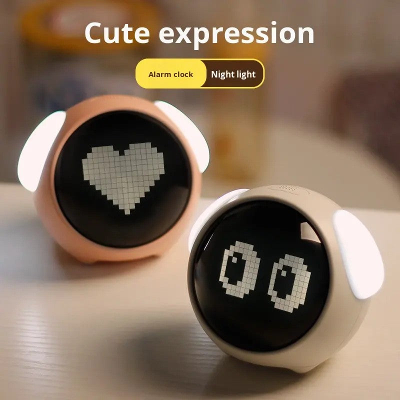 Candeeiro de Mesa LED com Expressão de Pixel - Despertador Digital Inteligente para Crianças, Luz Noturna Ativada por Voz e Função Snooze