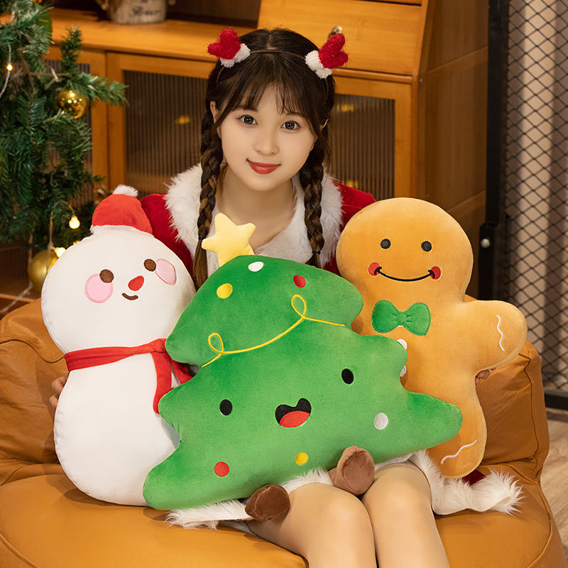 Almohada de peluche navideña – Cojines de jengibre, árbol y muñeco de nieve