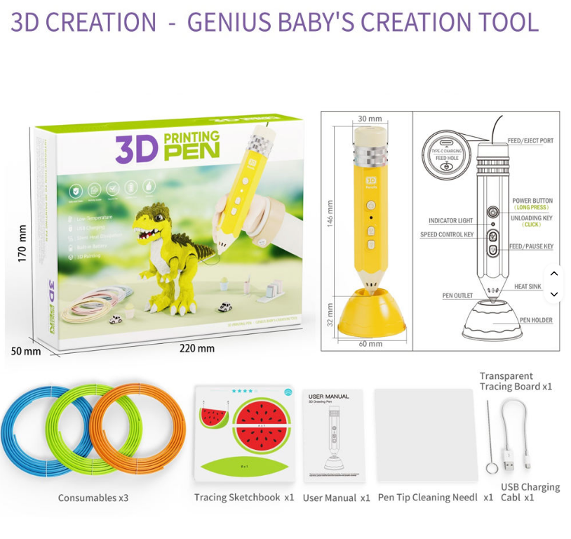 Caneta de Impressão 3D para Crianças – Ponta de Baixa Temperatura Segura que não Queima, Conjunto de Caneta de Desenho Artístico e Artesanato DIY com Filamentos