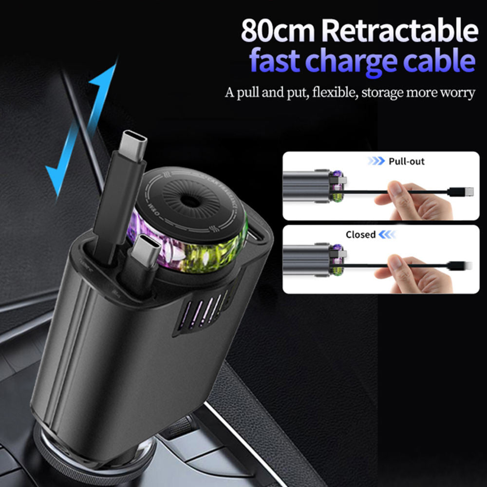 Carregador de Carro com Luz Ambiente Estrelada e Cabos Duplos Retráteis