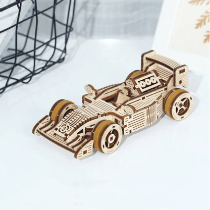 Quebra-cabeça 3D DIY Carro de Corrida de Madeira com Transmissão Mecânica