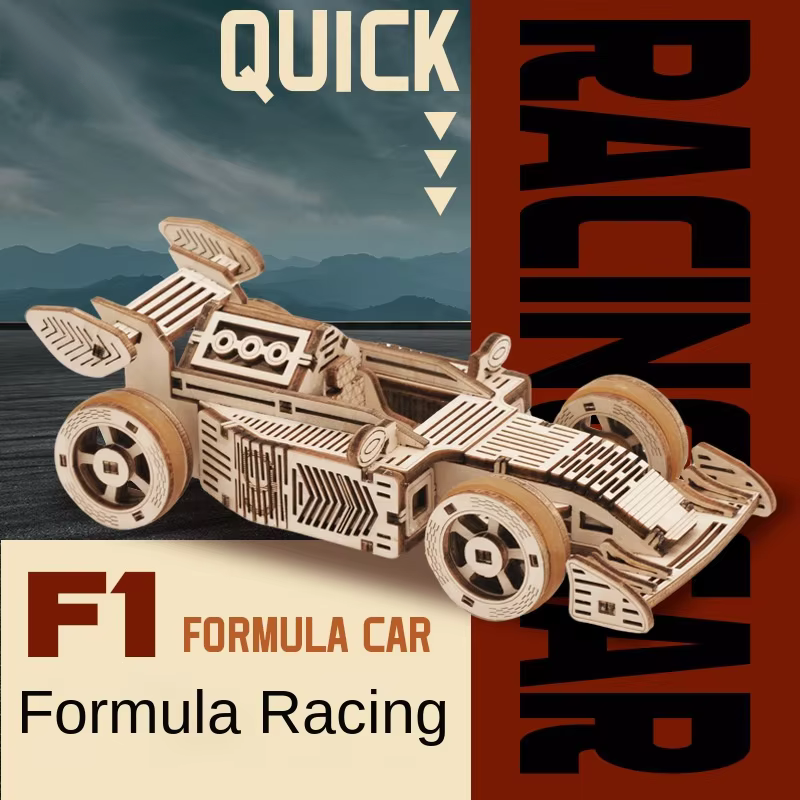 Quebra-cabeça 3D DIY Carro de Corrida de Madeira com Transmissão Mecânica