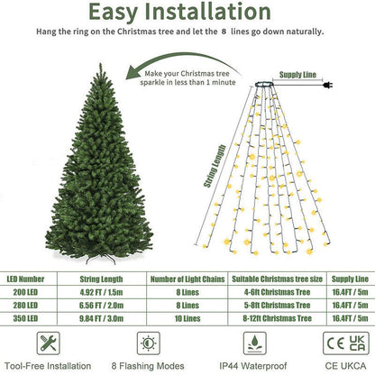 Luz de Topo de Árvore de Natal em Cascata com Anel LED – Luz de Corda em Estrela Fácil de Pendurar com Alimentação USB