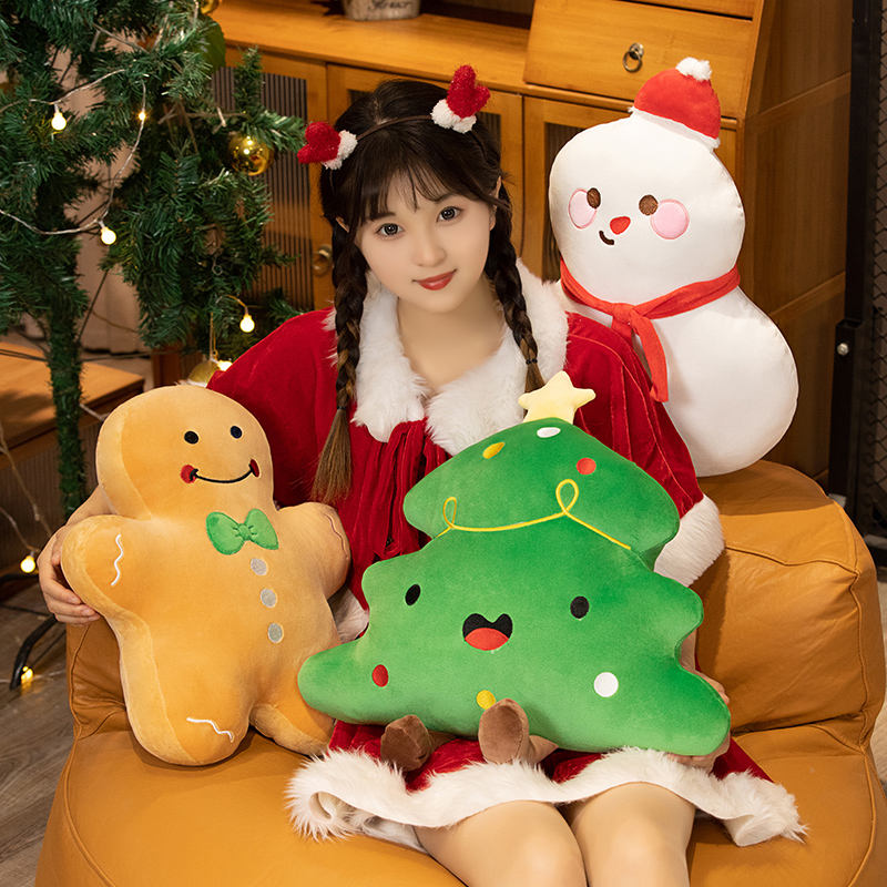 Almohada de peluche navideña – Cojines de jengibre, árbol y muñeco de nieve