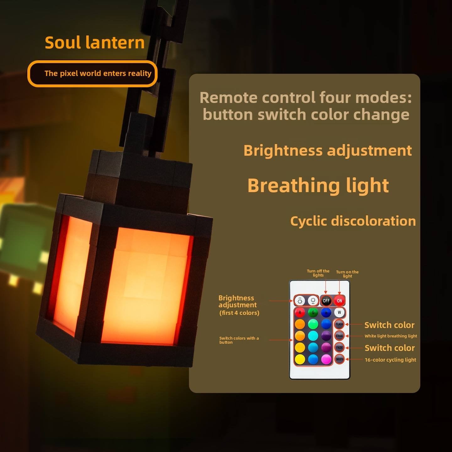 Luz Noturna de Lanterna LED Quadrada Estilo Pixel – Luz de Parede Multicolorida com Controlo Remoto para Salas de Jogos e Quartos