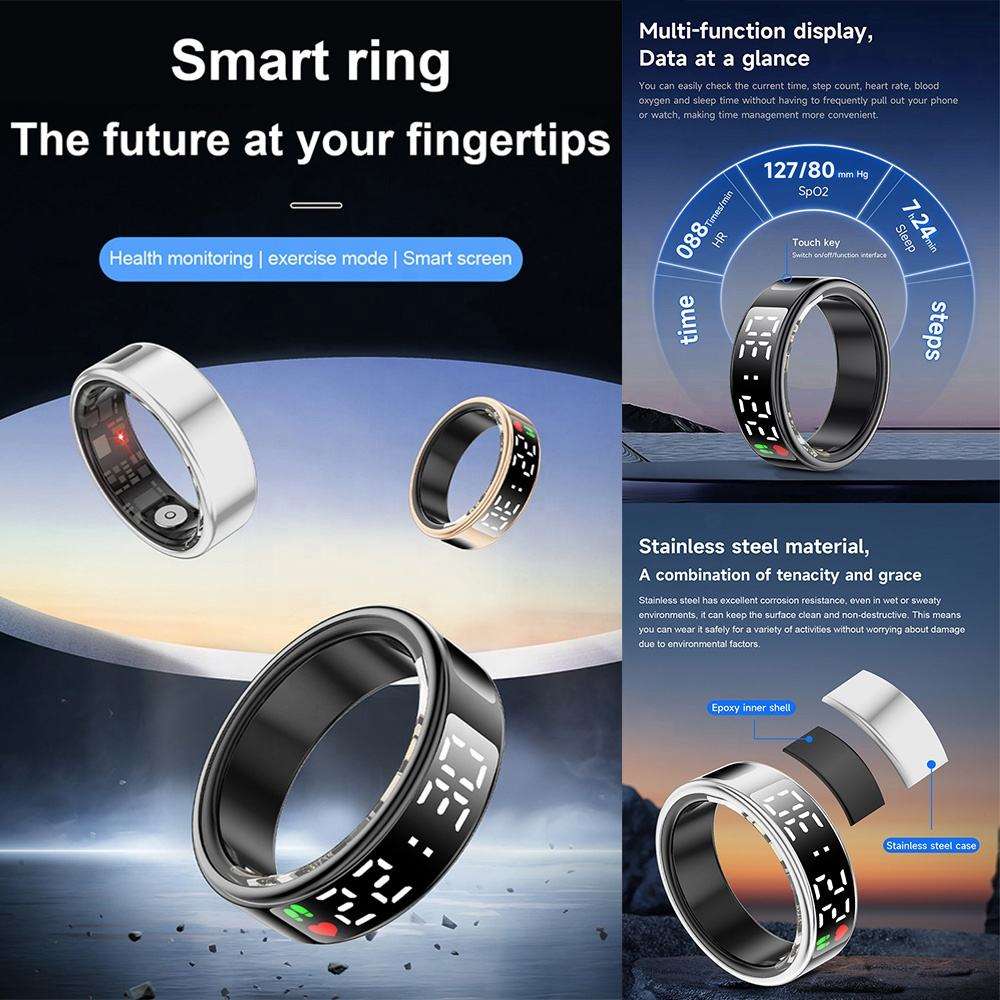 Anel Inteligente de Aço Inoxidável SR08 com Ecrã – Monitor de Fitness e Atividade