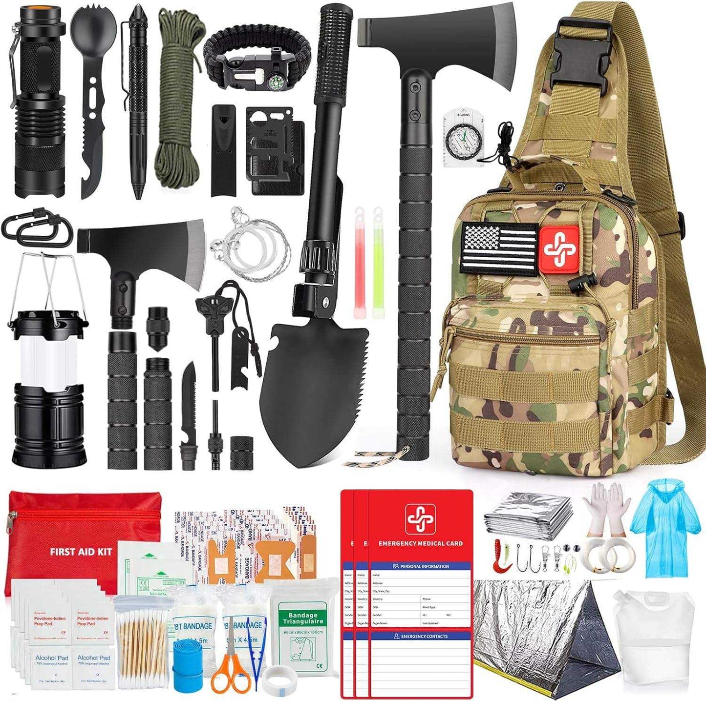 Kit de supervivencia de emergencia de 262 piezas con bolsa de primeros auxilios y bandolera