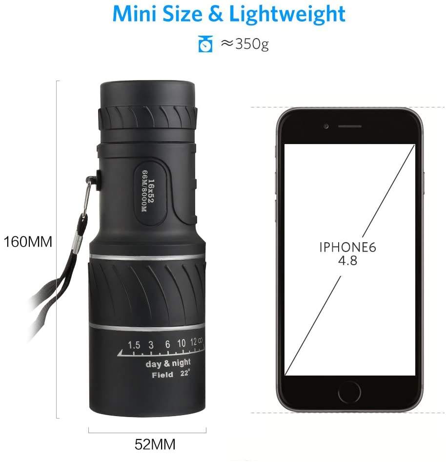 16×52 Portable Monocular Telescope for Travel, Wildlife & Outdoor Viewing