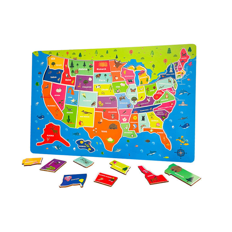 Rompecabezas de madera de mapa de EE. UU. para niños – Juguete de geografía educativo para aprender el mapa para niños y niñas