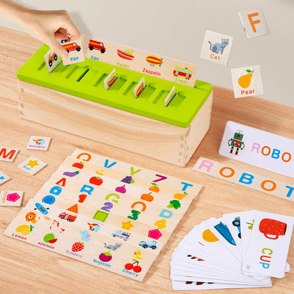 Caixa de Quebra-Cabeça de Classificação do Alfabeto Montessori – Brinquedo Educativo Cognitivo em Madeira