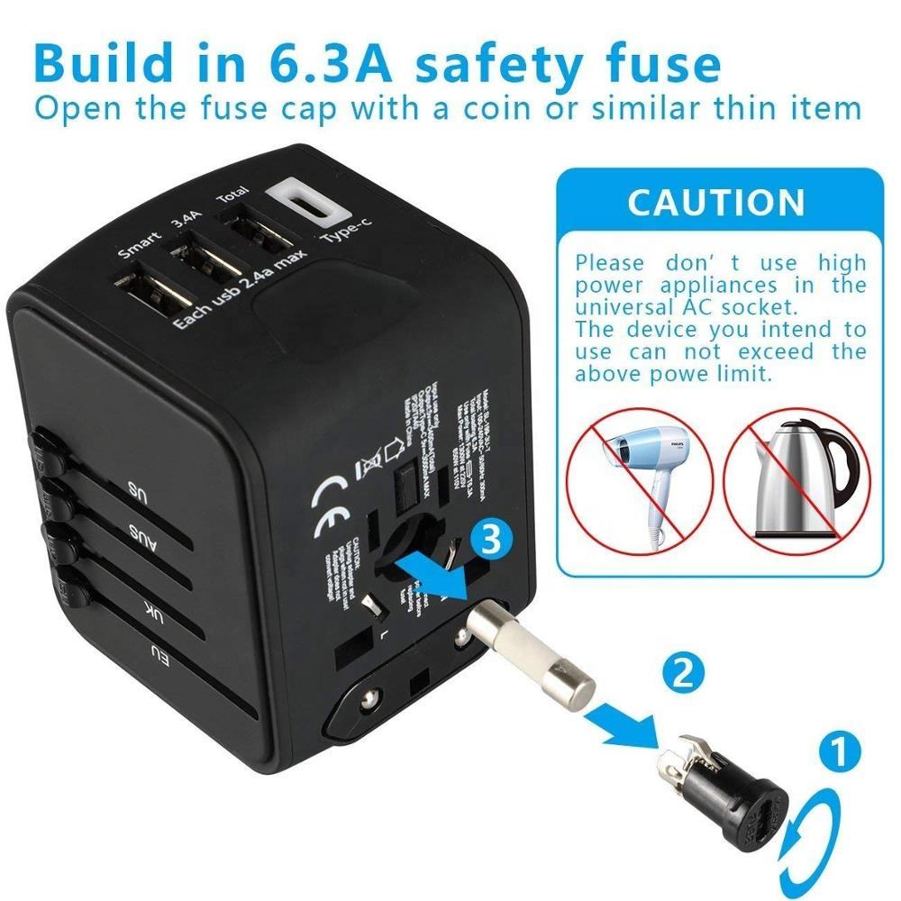 Adaptador de viaje universal con 4 puertos USB y Type-C